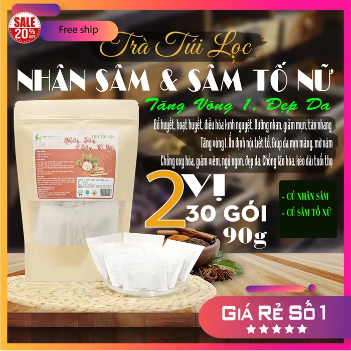 Trà Túi Lọc Nhân Sâm & Sâm Tố Nữ 90g (30 gói x 3g) | Dược Liệu Hồng Lan