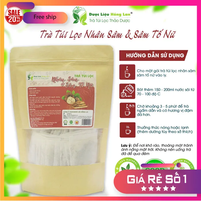 Trà Túi Lọc Nhân Sâm & Sâm Tố Nữ 90g (30 gói x 3g) | Dược Liệu Hồng Lan 3