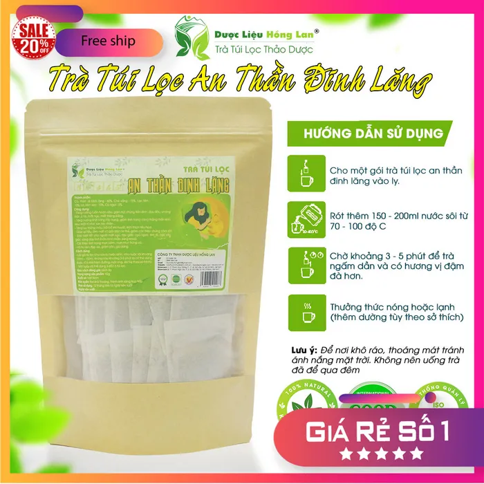 Trà Túi Lọc An Thần Ngủ Ngon Đinh Lăng  90g (30 gói x 3g) Dược Liệu Hồng Lan  1
