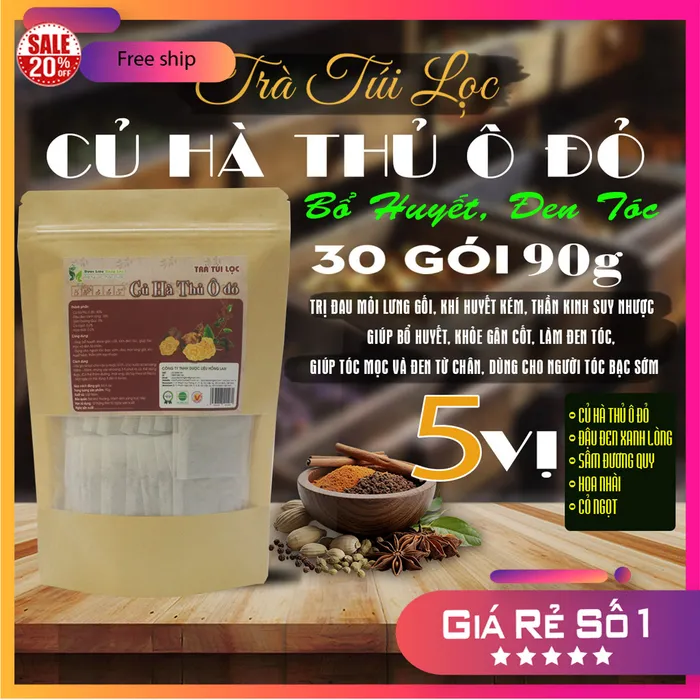 Trà Túi Lọc Củ Hà Thủ Ô Đỏ 5 vị gói 90g [Giúp bổ huyết, khỏe gân cốt, làm đen tóc, giúp tóc mọc và đen từ chân, Dùng cho người tóc bạc sớm, đau mỏi lưng gối, khí huyết kém, thần kinh suy nhược]