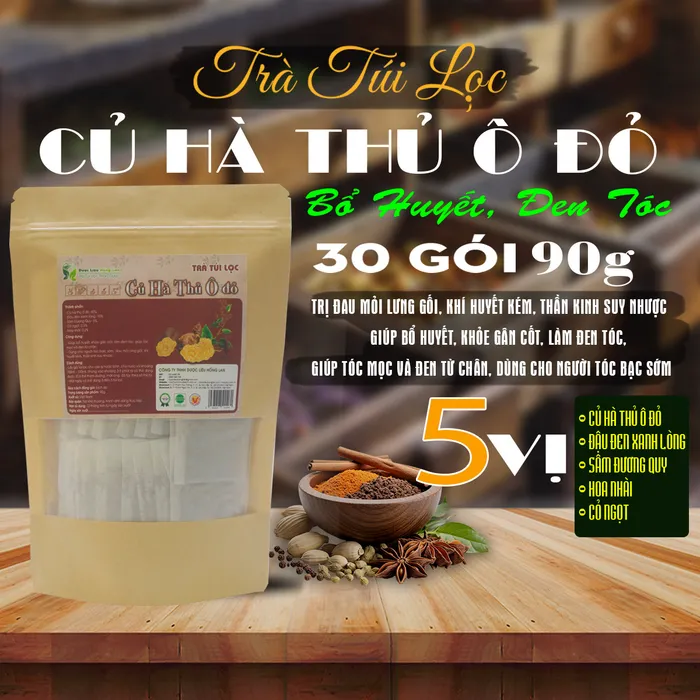 Trà Túi Lọc Củ Hà Thủ Ô Đỏ 5 vị gói 90g [Giúp bổ huyết, khỏe gân cốt, làm đen tóc, giúp tóc mọc và đen từ chân, Dùng cho người tóc bạc sớm, đau mỏi lưng gối, khí huyết kém, thần kinh suy nhược] 3