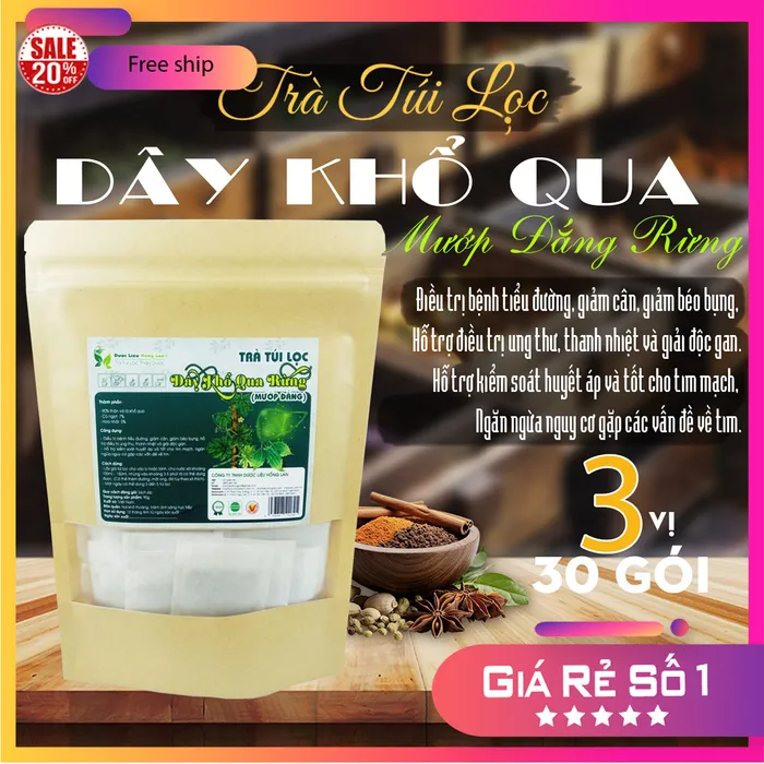 Trà Túi Lọc Dây Mướp Đắng (Khổ Qua) Rừng 90g (30 gói x 3g) Hồng Lan [Hỗ trợ điều trị bệnh tiểu đường, giảm cân, giảm béo bụng, hỗ trợ điều trị ung thư, thanh nhiệt và giải độc gan,]