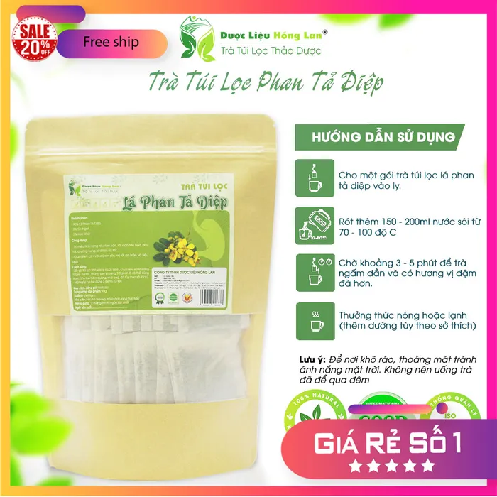 Trà Túi Lọc Xổ Mỡ Giảm Cân Trị Táo Bón Lá Phan Tả Diệp 90g (30 gói x 3g) Dược Liệu Hồng Lan 1