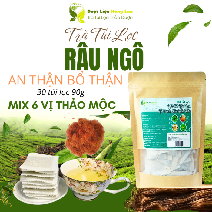 Trà Râu Ngô mix 6 vị giúp Bổ Thận - Lọc Thận - Tốt cho Thận túi zip 90g (30 túi lọc x 3g) - Dược Liệu Hồng Lan